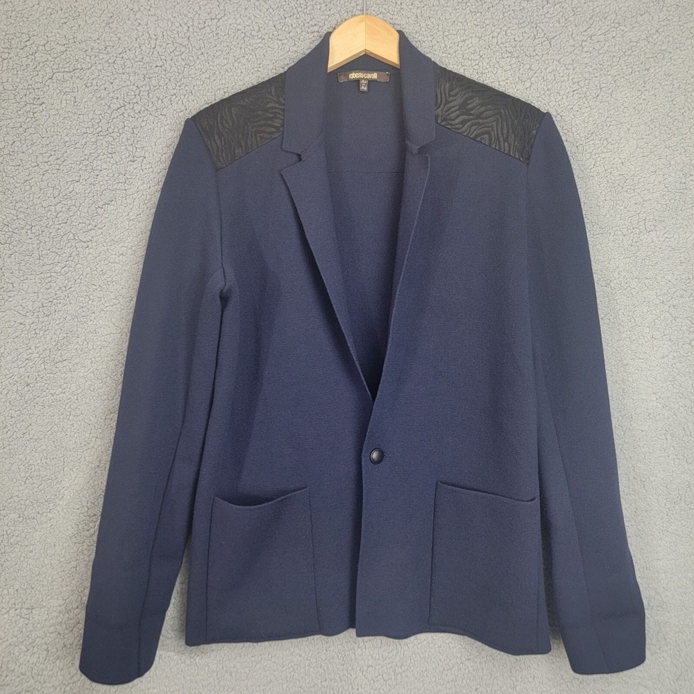 Roberto Cavalli One button Wool Navy Blue Cardigan Sweater Jacket Women size‎ XL
